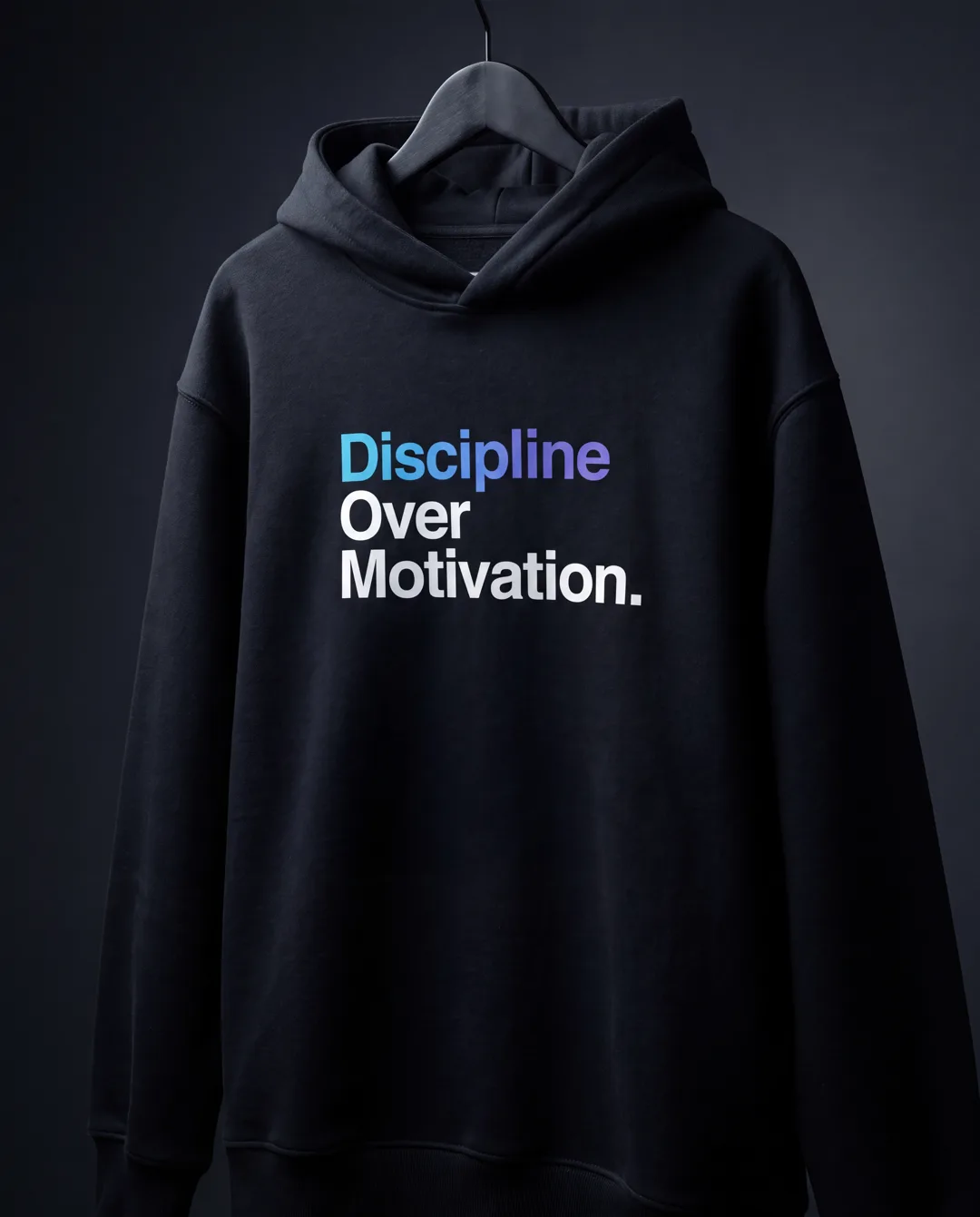 Discipline Over Motivation Hoodie Bestehende KI-Konzeptansicht. Kein reales Produktfoto und keine Materialzusage.