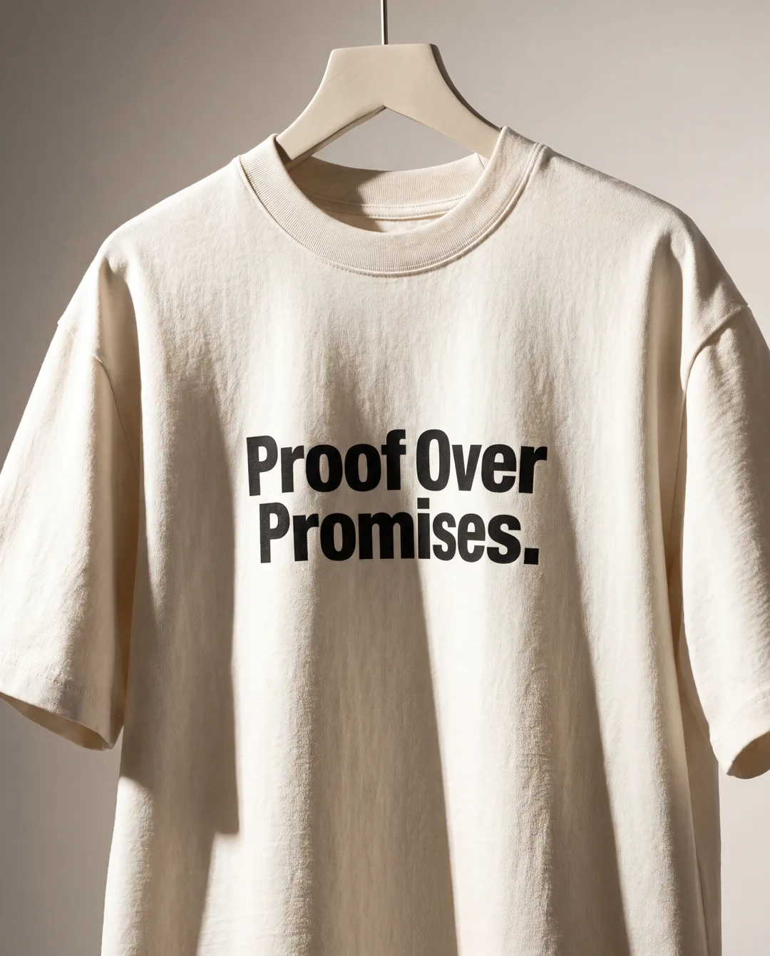 Proof Over Promises Tee Bestehende KI-Konzeptansicht. Kein reales Produktfoto und keine Materialzusage.